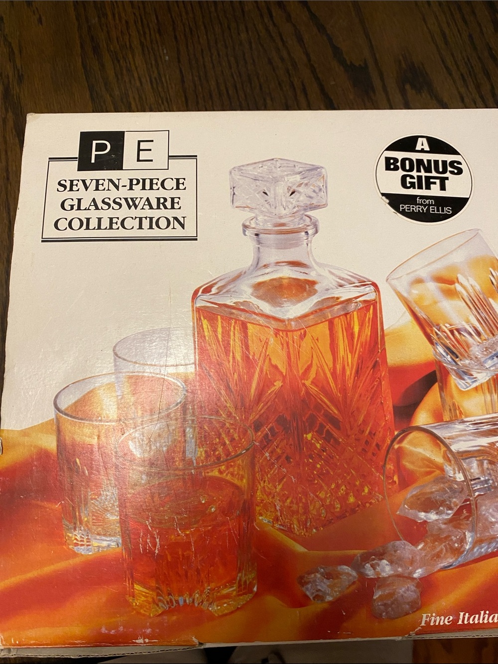 Perry Ellis Amber and Clear Cut-Glass Decanter with Tumblers